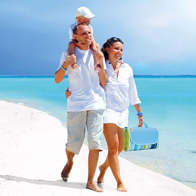 K Y KANGYUN Beach Blanket Outdoor Picnic Blankets Mat 80"x60" Extra Large Waterproof Sand Proof Camping Blanket Lightweight Folding Portable Travel Blanket for Family Park Beach Grass (Blue Line)