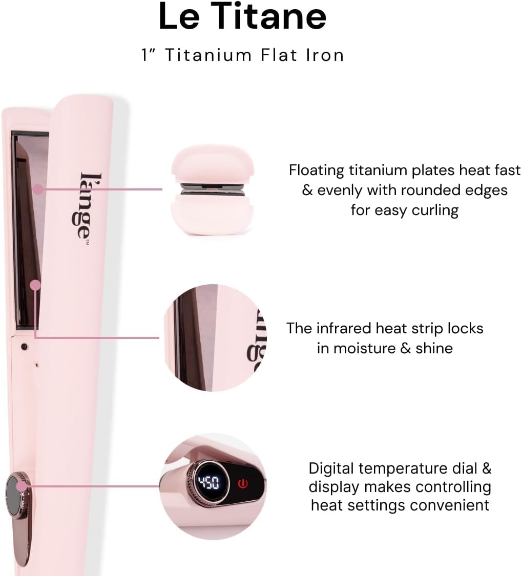 L'ANGE HAIR Le Titane Titanium Flat Iron | Hair Straightener with Curved Edges for Versatile Styling | Dual Voltage Flat Iron with Infrared Heat & Adjustable Temperature | 1" Blush