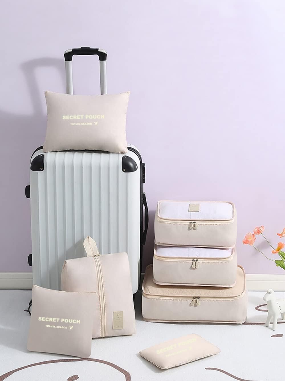 Fxkoolr 7 Set Packing Cubes, Packing Organizers Travel Foldable Luggage Organizers Storage Bag Accessories for Suitcase with Laundry Bag & Shoe Bag, Beige