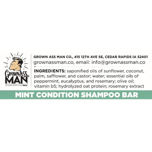Grown Ass Man Co. - Solid Shampoo Bar Rich Lather 3 in 1: Hair, Beard & Body Wash - Plastic Free & Eco-Friendly, Natural & Organic Clean for All Hair Types, 4oz Bar (Mint Condition, Single)