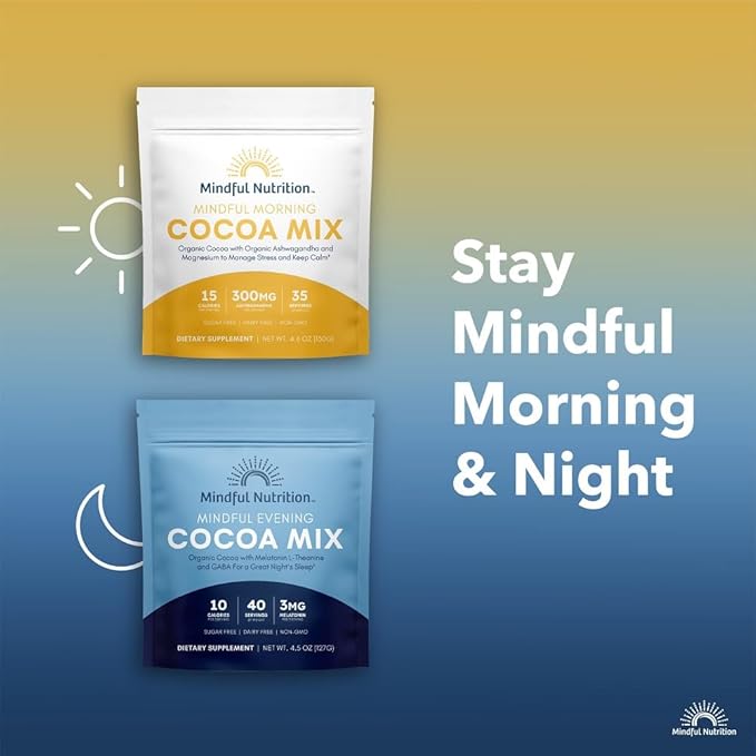Mindful Evening Sugar Free Cocoa Mix Natural Sleep Aid, 40 Servings, Melatonin 3mg, L-Theanine, GABA Supplements, Natural Calm Sleep Support Stress Relief Calm Sleepy Cocoa Nighttime Hot Chocolate