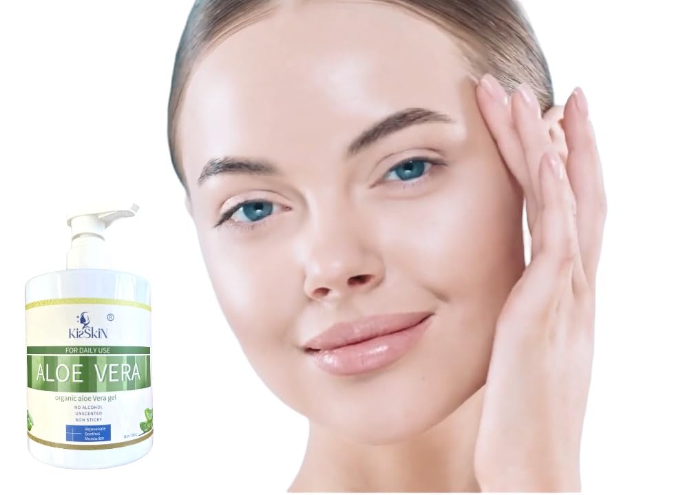 kisskin Organic Aloe Vera Gel, 100% Pure Soothing Moisturizer And Hydrating Gel, Fast Absorbing, For Face,Body,Hair,Skin,Scalp And Sunburn Relief, No Alcohol, Big 500ML Pump Bottle.