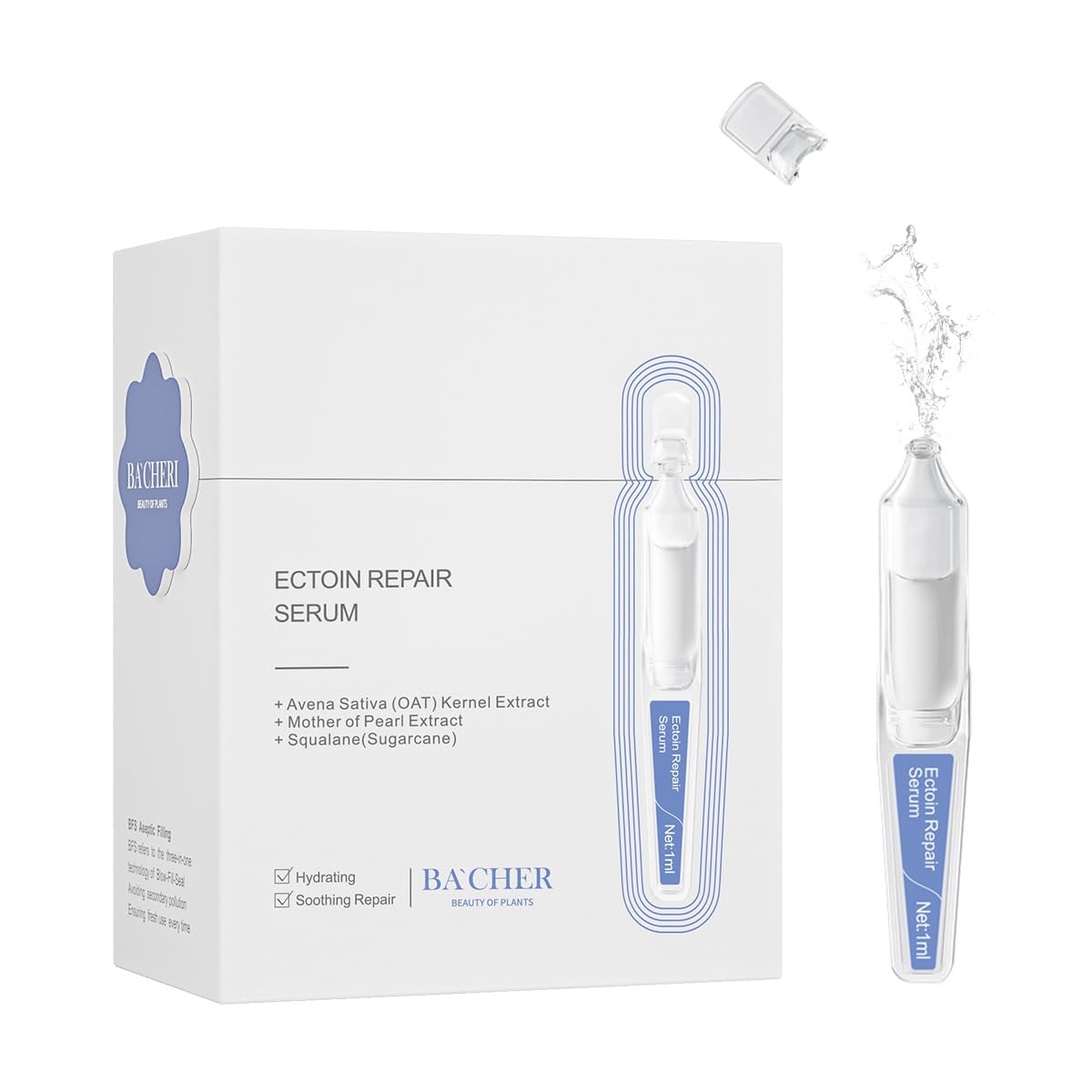 BACHERI Ectoin Repair Face Serum Ampoules # 15 Pcs/Box - Deep Moisture & Anti-Aging Serum with Beta-Glucan, Glycerin, and Hyaluronic Acid – Hydration, Soothes & Protects All Skin