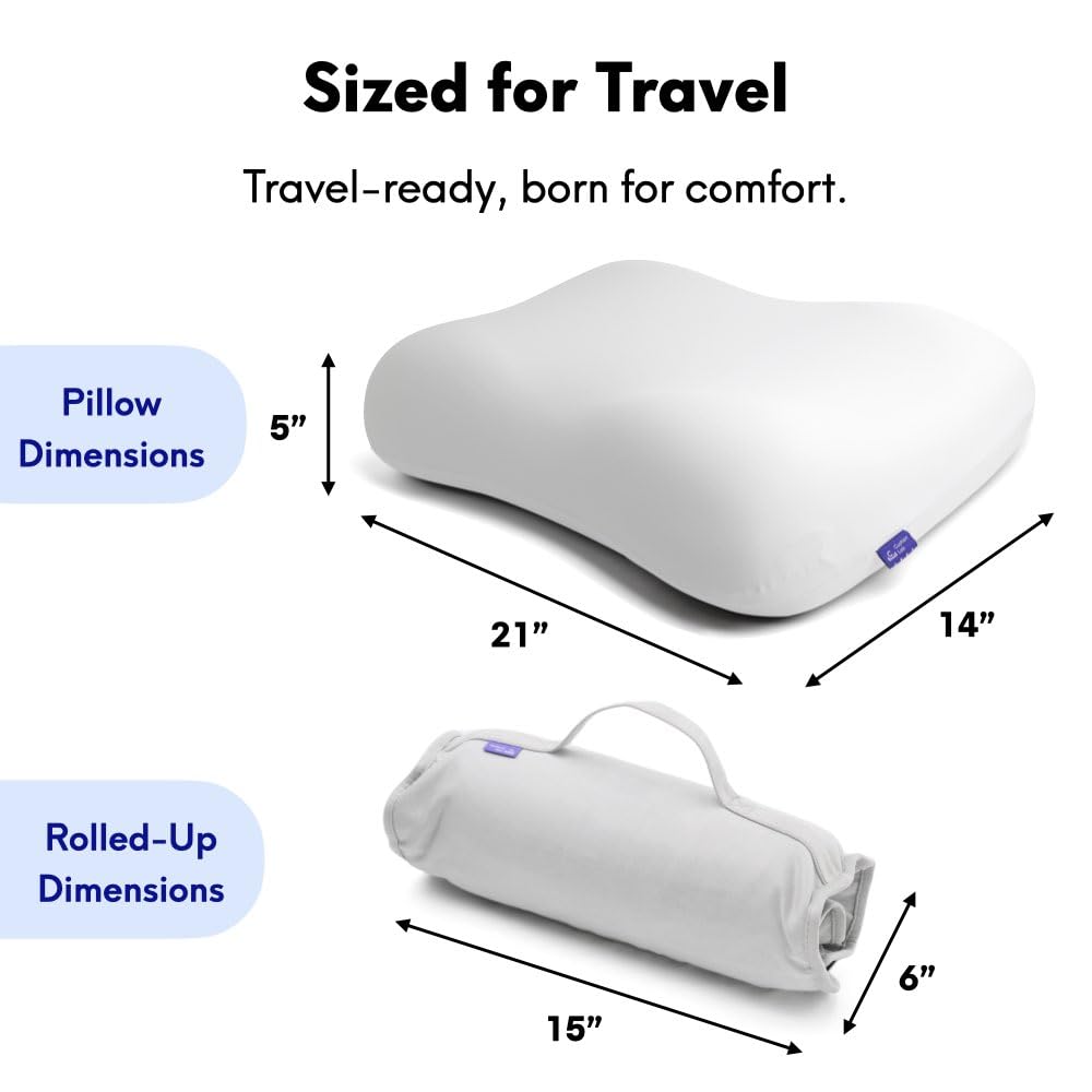 Cushion Lab Travel Deep Sleep Pillow – Compact Memory Foam Neck Pillow for Sleeping, Portable Pillow for Hotels, Camping, Side & Back Sleepers, On-The-Go – Calm Grey
