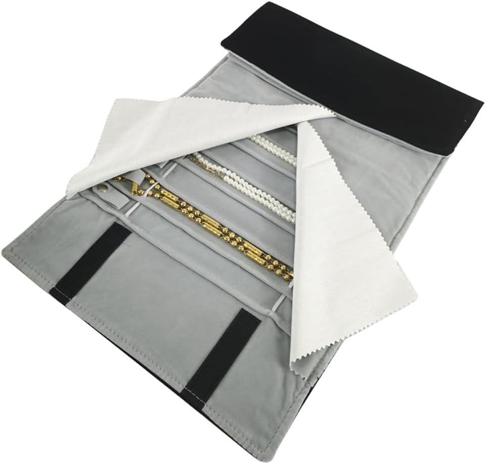 SCIKHEFT Portable Jewelry Roll Untangled Secure Necklace Travel Storage Bag Displays Holder 16 Chain (Black and Gray)