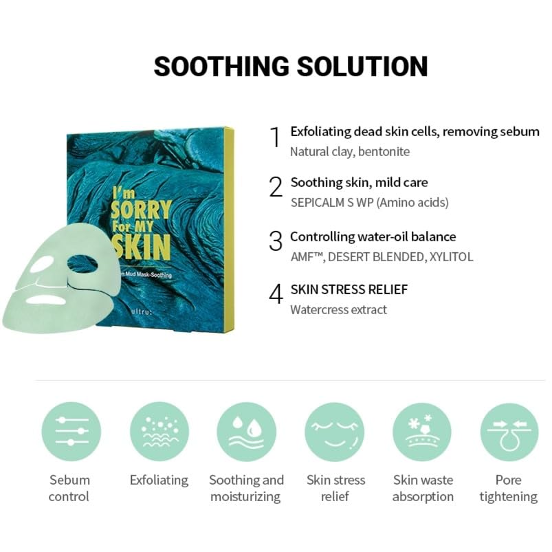 I'M SORRY FOR MY SKIN Bentonite Clay Mud Sheet Masks Set, Korean Skin Care, Exfoliating Face Masks with Volcanic Ash, Sebum Control, Pore Minimizer, Tightening, Soothing (Black 2pcs & Green 2pcs)