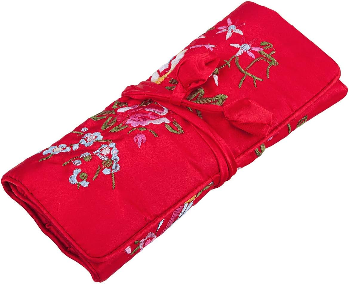 TUMBEELLUWA Embroidery Travel Jewelry Bag Roll Embroidered Flower and Bird Brocade Organizer with Tie Close, Red