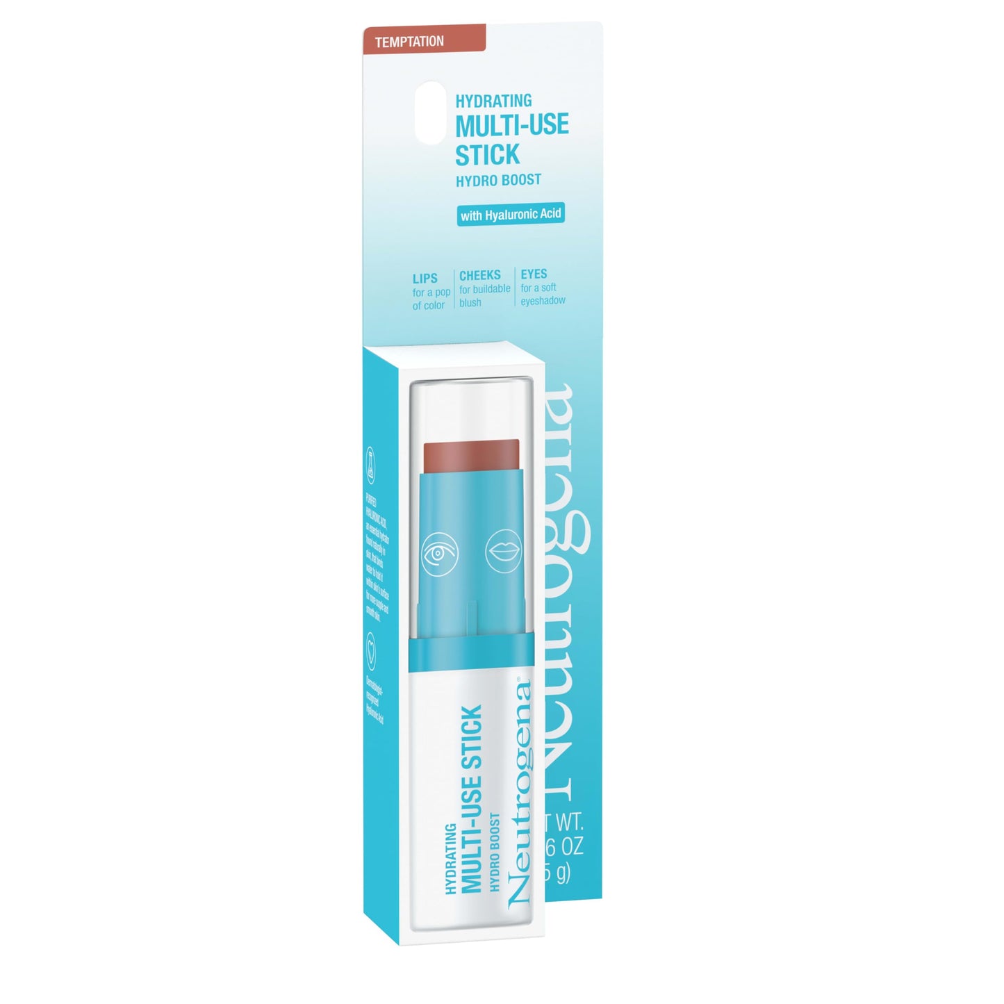 Neutrogena Hydro Boost Hydrating Multi-Use Makeup Stick with Hyaluronic Acid, Gentle Multi-Use Colored Makeup Balm to Brighten Lips, Cheeks & Eyes, Non-Comedogenic, Temptation, 0.26 oz