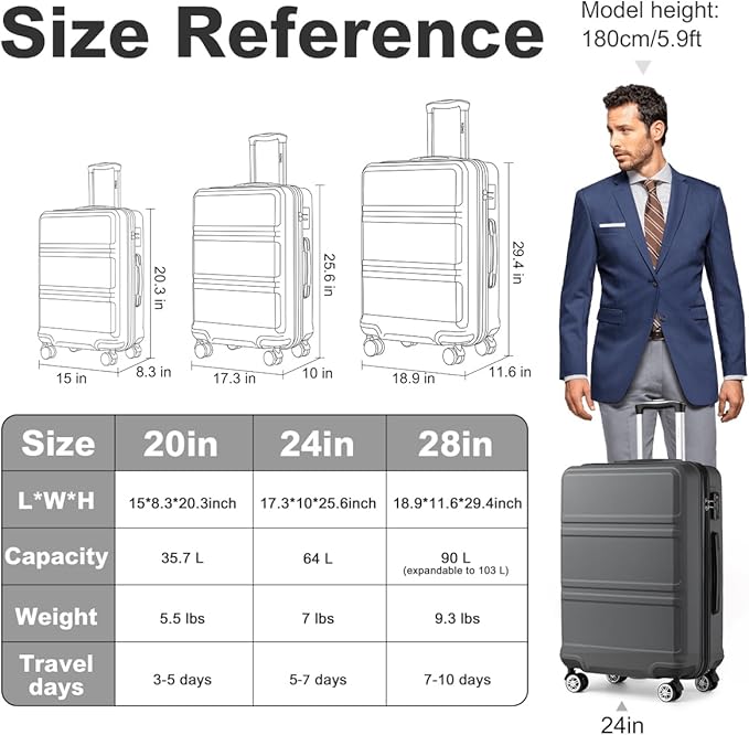 Kono 24 Inch Luggage Suitcase Lightweight with Spinner Wheels TSA Lock Hardside Medium Checked Luggage Durable Rolling Suitcase Grey