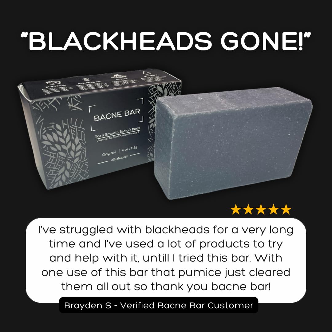 Bacne Bar: All Natural Body Acne Soap with Charcoal, Pumice, Tea Tree Oil & Vitamin E for a Deep Exfoliation Back Acne Treatment, Not for Sensitive Skin