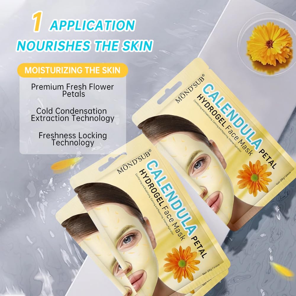 Calendula Hydrogel Soothing Facial Mask for Sensitive Skin,Hyaluronic Acid Hydrating Sheet Face Mask Skin Care,Sheet Mask,Calendula Calming Mask 12 Pack