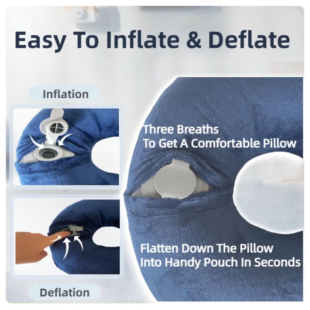 Jron Inflatable Air Travel Pillow Soft Velvet Blow Up Pillow Portable Size Washable Cover for Train Car Office Airplane Sleeping (Navy)