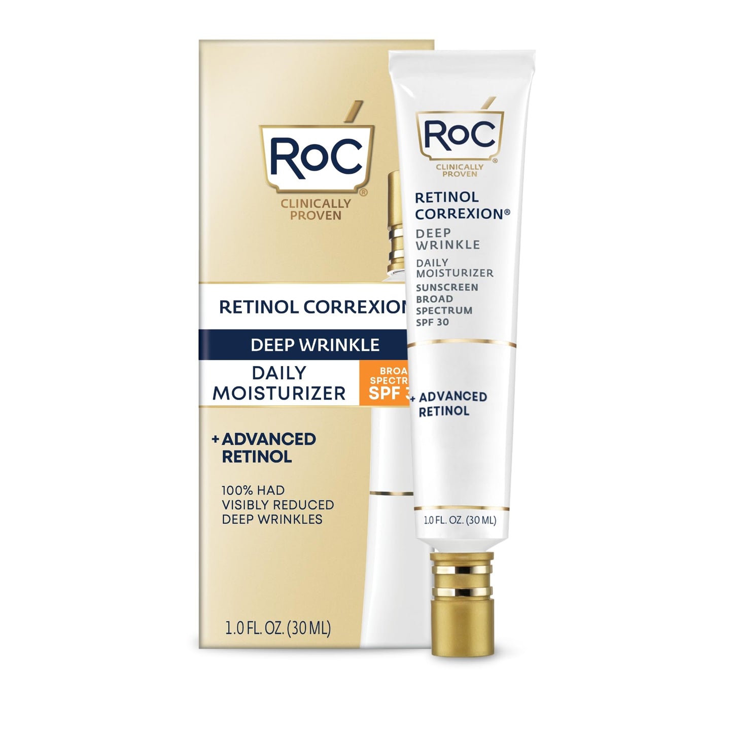 RoC Retinol Correxion Deep Wrinkle Daily Face Moisturizer with Sunscreen SPF 30 for Fine Lines, Dark Spots, Post-Acne Scars, 1 Ounce (Packaging May Vary)