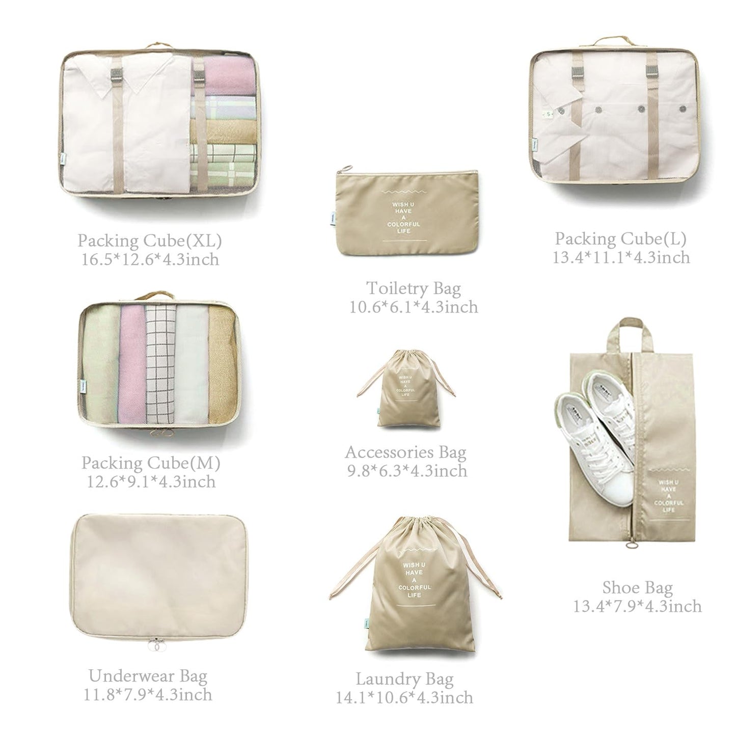 8 Pieces Mesh Packing Cubes for Travel, Luggage Packing Organizers Bags Set, Travel Essentials Suitcases Accessories with Laundry Bag, Storage Shoe Bag, Clothing Underwear Bag (Cream, 8 set)