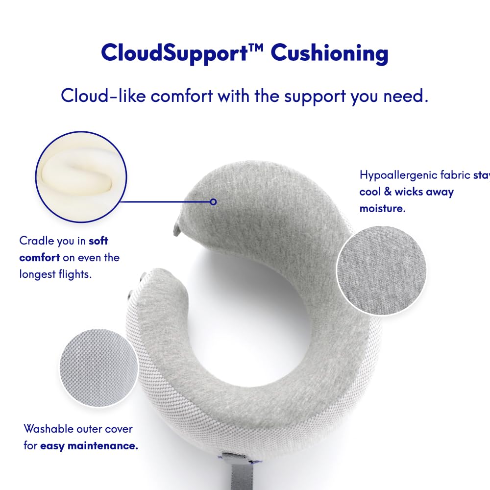 C CUSHION LAB Travel Pillow, Award-Winning Patented Ergonomic Design for Chin & Neck Support Memory Foam Neck Pillow, Compact Airplane Pillow for Traveling, Flight, Car (Gray, Medium)