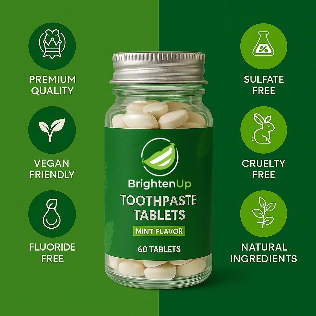 BrightenUp Toothpaste Tablets – Natural Whitening with Nano-Hydroxyapatite, Xylitol & Peppermint | Chewable, Fluoride-Free, Plastic-Free, TSA-Friendly | Remineralizes Enamel | 60 Tablets (1 Month)