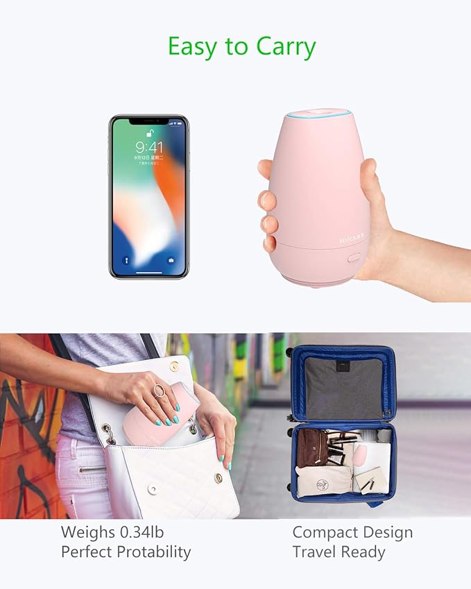 SOICARE Car Diffuser,Small Portable Car Essential Oil Diffuser with Built-in USB Cable,Mini Aromatherapy Diffuser for Travel/Office/Home (Pink)