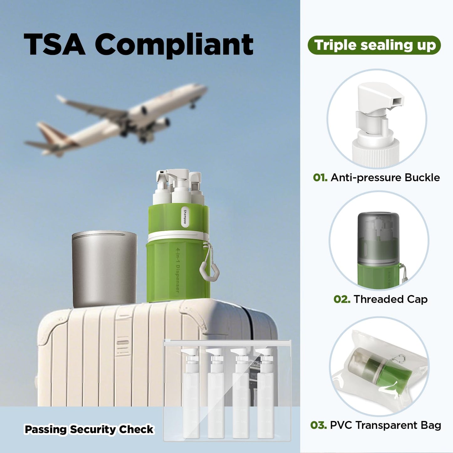 YOTIME 4in1 Travel Bottles Set, Vacuum Silicone Suction Cup for Smooth Walls, TSA Approved Leak Proof Travel Size Containers for Toiletries, Shampoo, Body Wash and Conditioner, Green