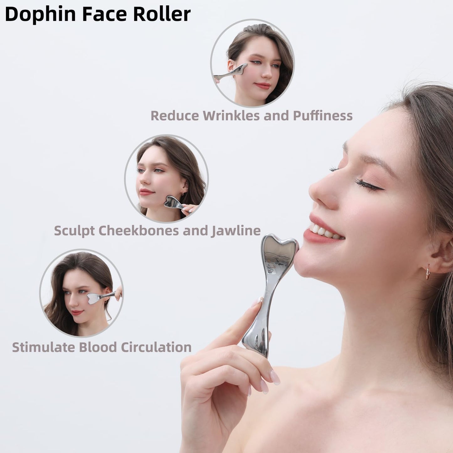 pfefe Stainless Steel Gua Sha & Face Roller, 3-in-1 Dolphin Facial Roller for Esthetician Supplies Women Gift, Skin Care Tool for Puffiness, Wrinkles, Dark Circles (1 Pc)