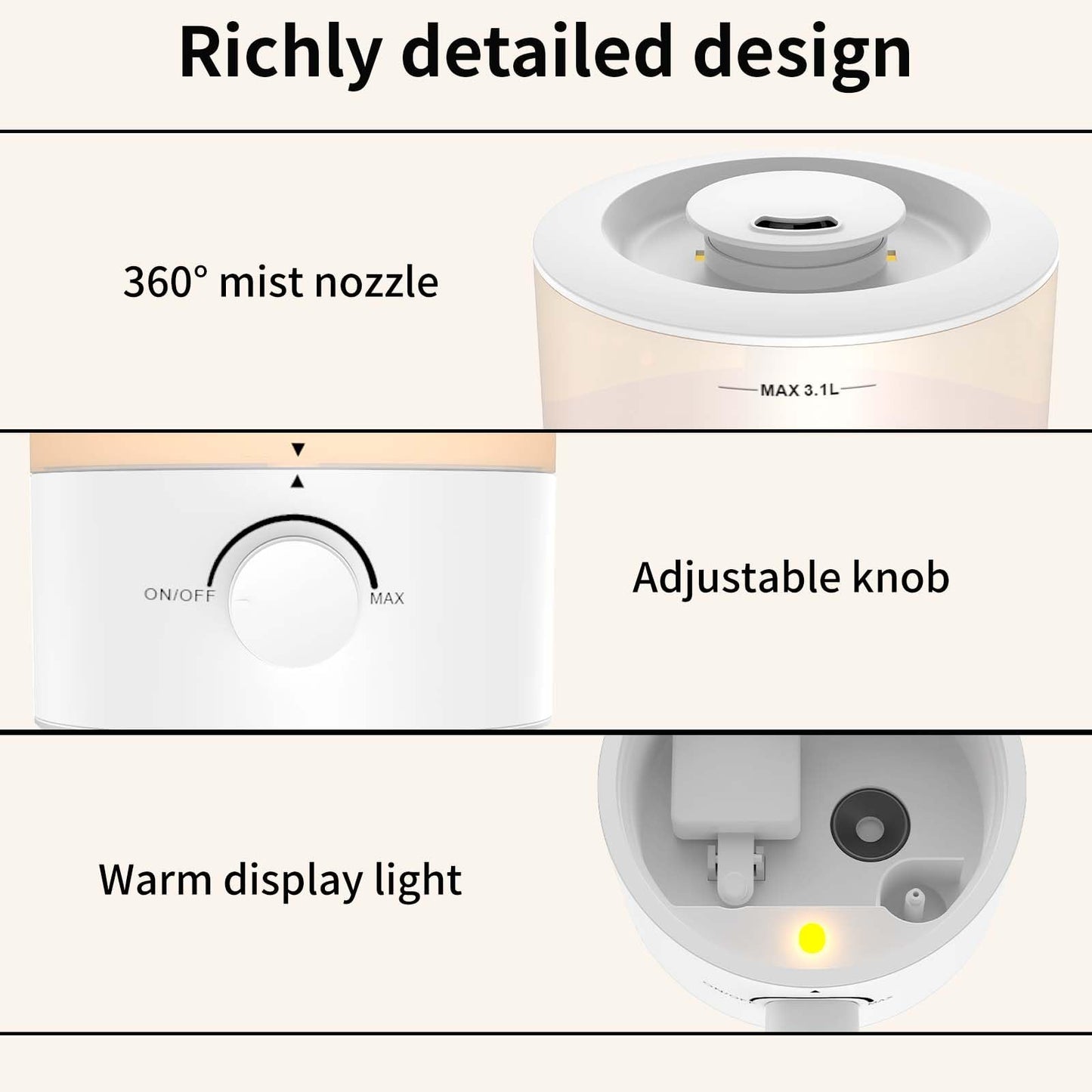 Humidifiers for Bedroom, Cool Mist Top Fill Diffuser with 25Watt for Home Large Room, 360° Nozzle, Rapid Ultrasonic Humidification for Baby Nursery and Plant(3.1L)