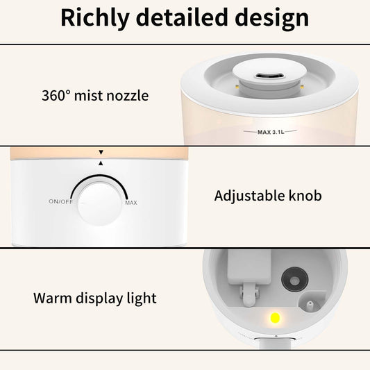 Humidifiers for Bedroom, Cool Mist Top Fill Diffuser with 25Watt for Home Large Room, 360° Nozzle, Rapid Ultrasonic Humidification for Baby Nursery and Plant(3.1L)