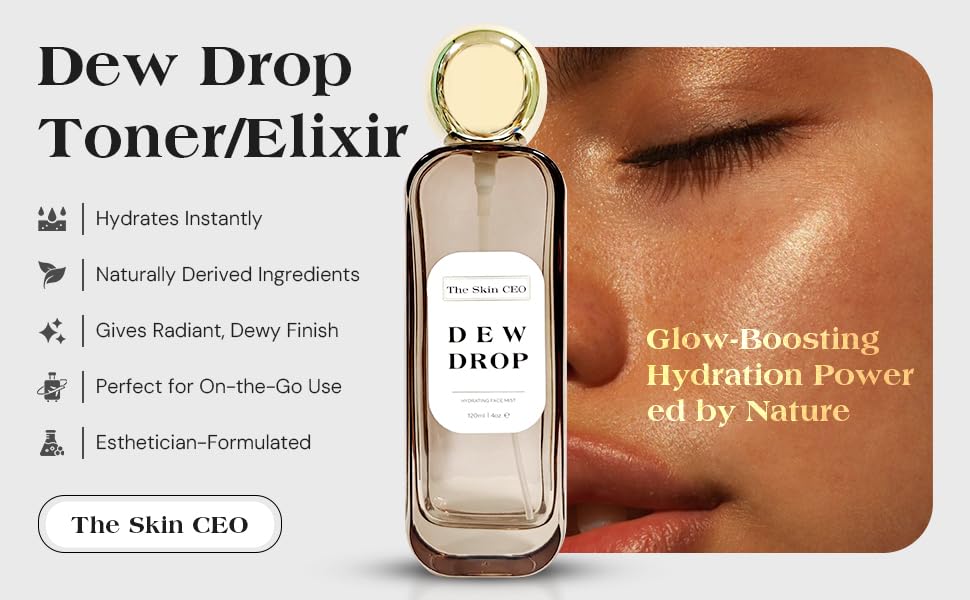 The Skin CEO Dew Drop Hydrating Face Mist, 120ml/4oz, with Jojoba Oil and Pearl Powder.