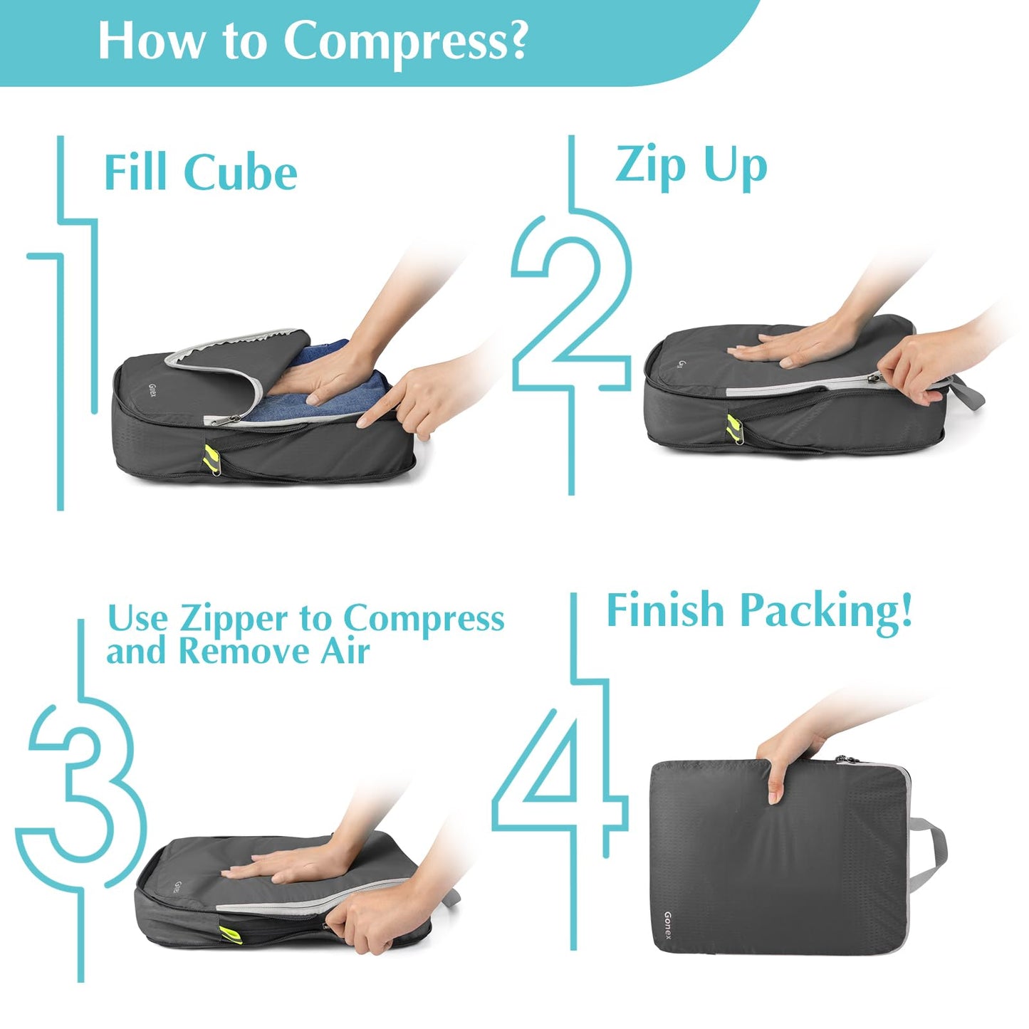 Gonex Compression Packing Cubes, 4pcs Expandable Storage Travel Luggage Bags Organizers (Deep Gray)