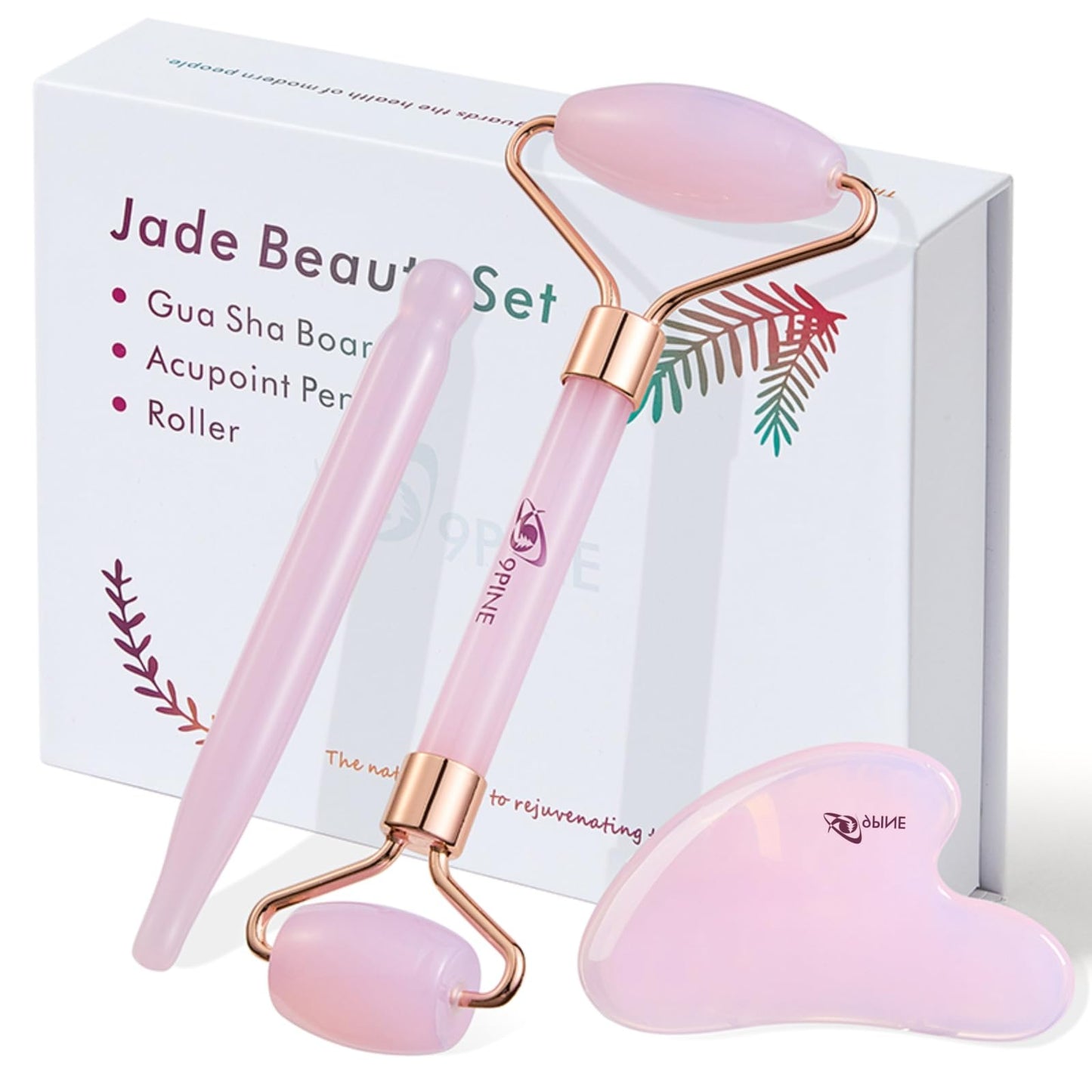 9 9PINE Jade Roller and Gua Sha Set, Face Massage Tools for Skincare,Facial Tools for Face, Neck, Eyes, for Enhanced Lymphatic Drainage, Self Care Gift for Men Women(Pink)