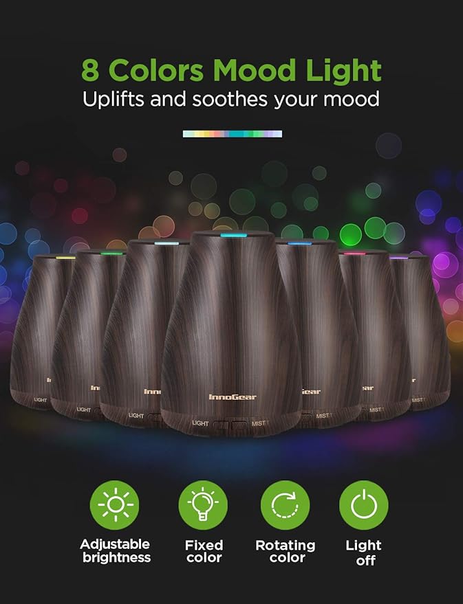 InnoGear Essential Oil Diffuser, Premium 5-in-1 Diffusers for Home Scent Aromatherapy Diffuser Air Desk Humidifier for Bedroom Large Room Office 7 Color LED 2 Mist Mode Waterless Auto Off, Brown
