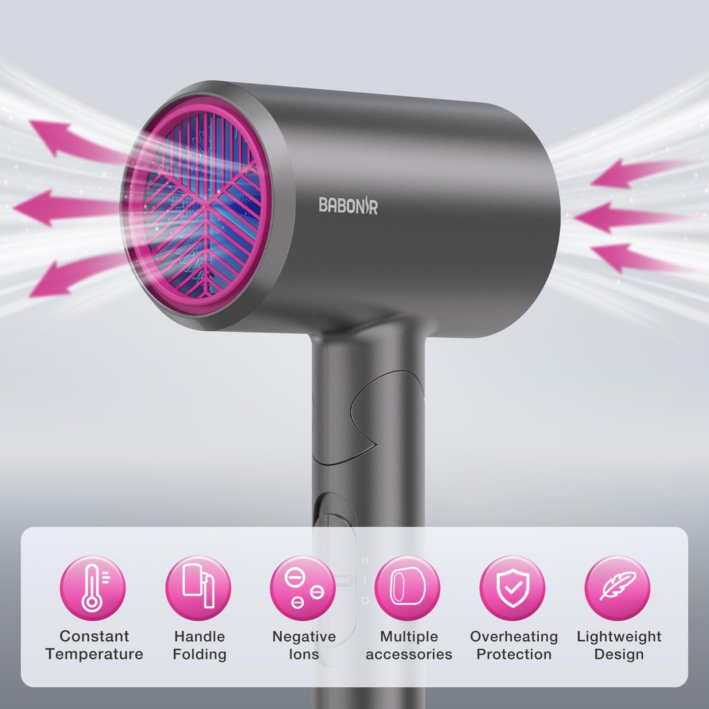 BABONIR Ionic Diffuser Hair Dryer for Curly Hair, 1875W Fast Drying Blow Dryer with Diffuser and Concentrator Nozzle, Compact & Portable Negative Ion Hairdryer Blowdryer, 3 Heat 2 Speed Settings, Gray