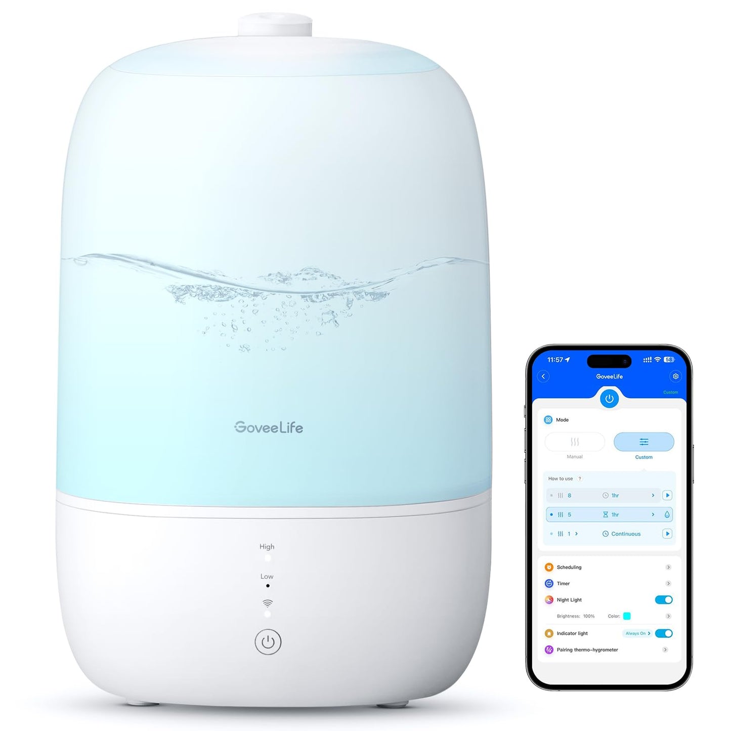 GoveeLife Smart Humidifiers for Bedroom, 3L Top Fill Cool Mist Humidifiers with Essential Oil Diffuser, Humidity Control, WiFi Air Humidifier with Night Light, for Baby, Plants, Home, Work with Alexa