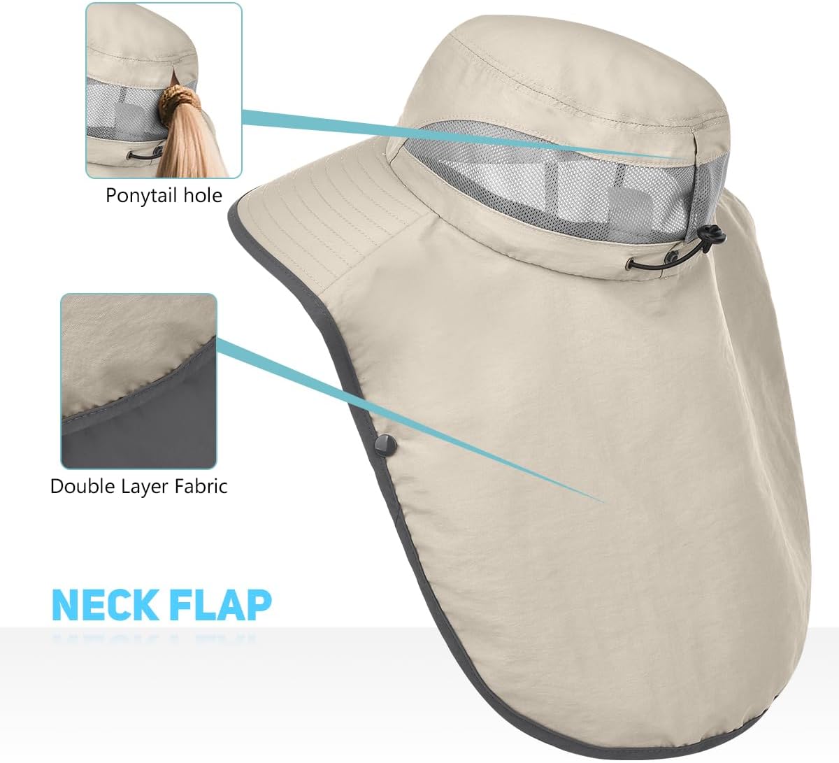 2 Pack Womens Outdoor Wide Brim Sun Hat with Neck Face Flap,UPF 50 Protection Fishing Hiking Garden Work Hats with Ponytail (US, Alpha, One Size, Light Grey & Khaki)