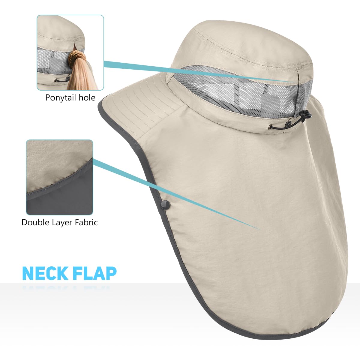 2 Pack Womens Outdoor Wide Brim Sun Hat with Neck Face Flap,UPF 50 Protection Fishing Hiking Garden Work Hats with Ponytail (US, Alpha, One Size, Light Grey & Khaki)