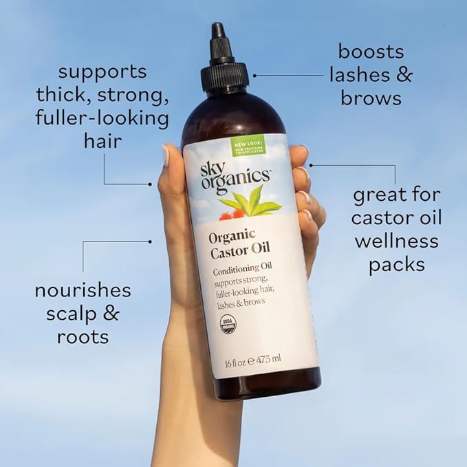 Sky Organics Castor Oil - USDA Certified Organic Hair Oil for Hair Growth, Skin, Face, Eyelashes - Cold Pressed & Hexane Free - Pure Organic Castor Oil Pack Wrap - Carrier & Hair Treatment Oil -16oz