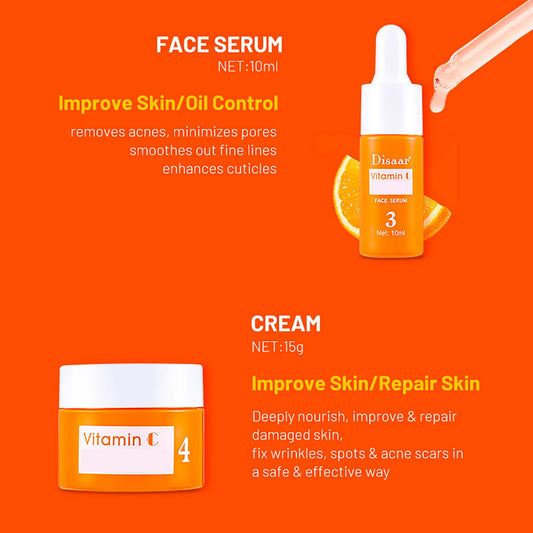 DISAAR BEAUTY Vitamin C Organic Orange Extract Skin Care Set Facial Wash Toner Serum Face Cream Moisturizing Reduce Wrinkles Hydrate 30ml+30ml+10ml+15g 4PCS