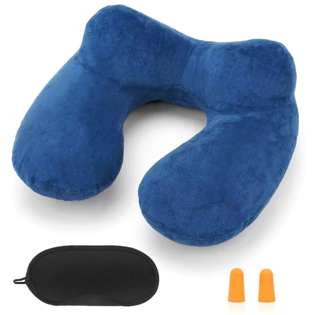 HITSZS Inflatable Travel Pillow for Airplane Inflatable Neck Pillow for Traveling with Soft Velvet Washable Cover for Sleeping, Airplane,Train, Car, Office, Contoured Eye Masks, Earplugs