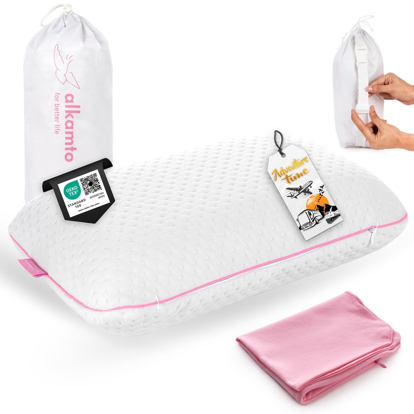 alkamto Travel & Camping Comfortable Memory Foam Pillow – Easy to Carry Portable Bag – Temperature Regulating Pillow Case (Pink + Extra Cover)