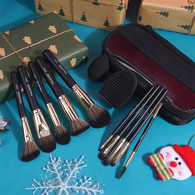 Makeup Brushes,MAANGE 10 PCs Travel Professional Makeup Brushes Set with Case,Foundation Kabuki Blush Eyeshadow Make Up Brush with Makeup Sponge and Brush Cleaner(Blackgold)