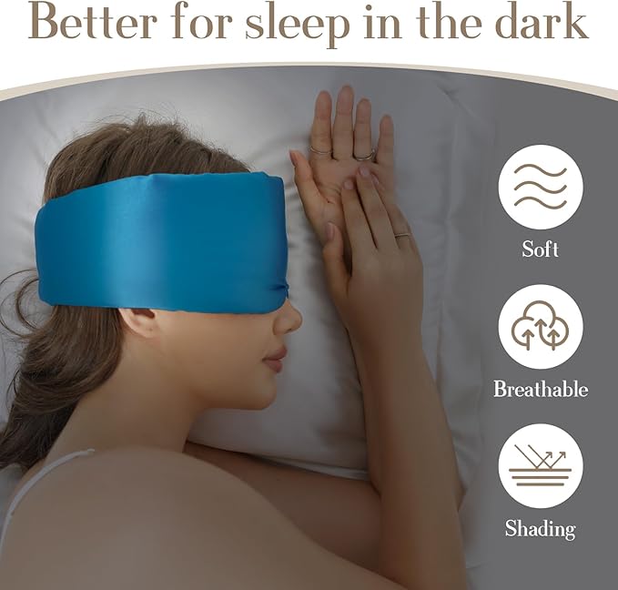 100% Mulberry Silk Sleep Mask Eye Mask for Women Man with Adjustable Band, for Side Sleeper Blackout Sleep Mask for Travel Rest and Office Large Size (Blue)