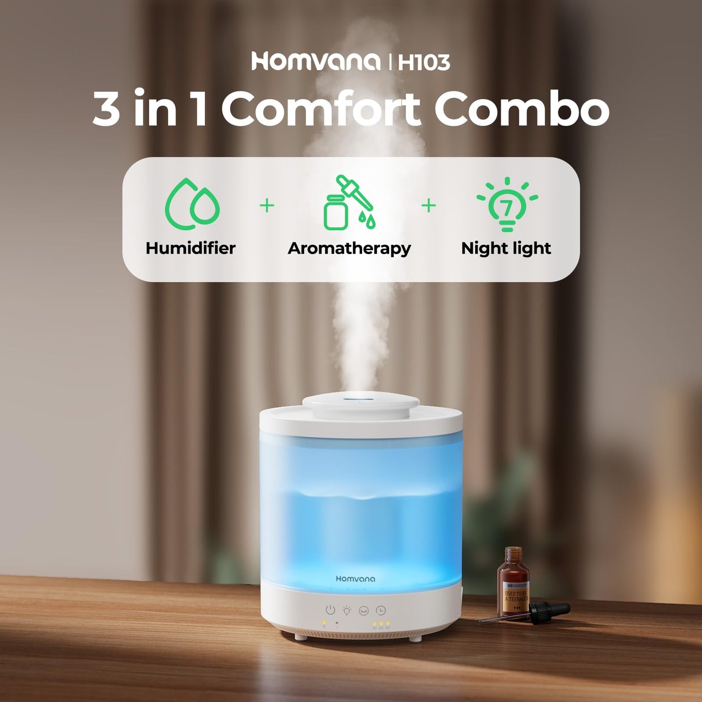 Homvana Small Humidifiers for Bedroom - 2 Packs 1.8L Cool Mist Top Fill Humidifier for Baby Nursery, Essential Oil Diffuser, 3 in 1 for Home Plants Offices and Grow Tents, 7 Color Lights, Ultrasonic