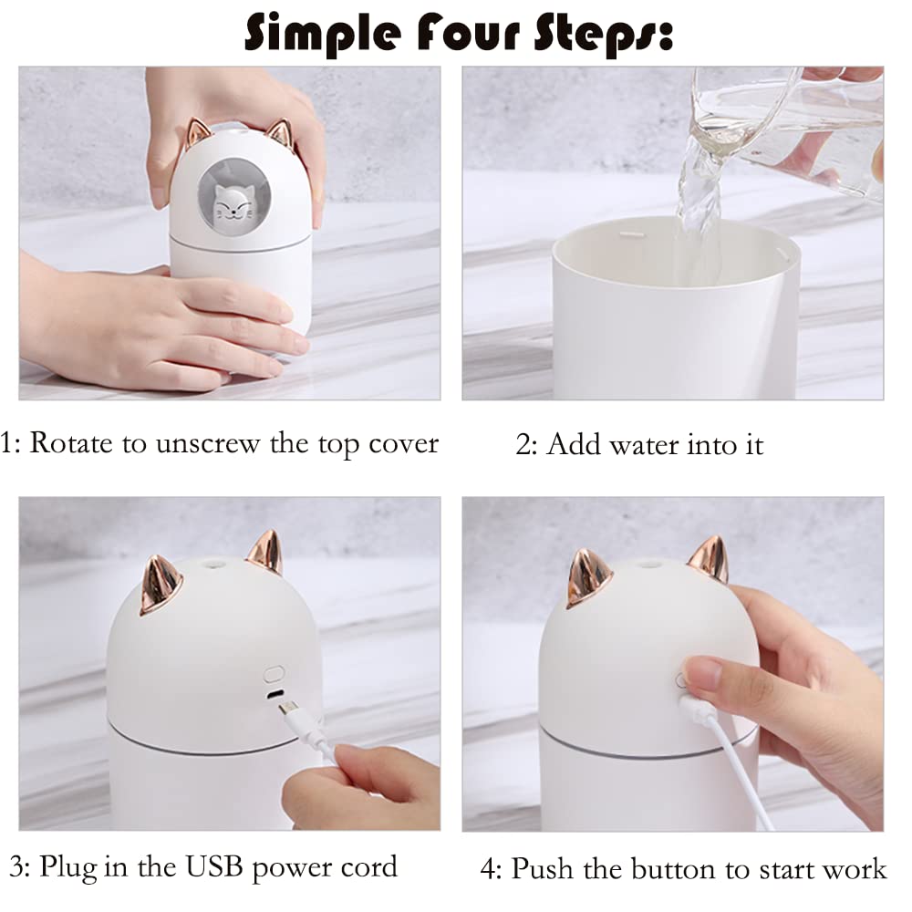 Portable Small Humidifier, 300ml Mini Cool Mist Humidifier with Night Light, USB Personal Humidifier Auto Shut-Off, Ultra-Quiet, 2 Spray Modes, Suitable for Home Office Travel(white)