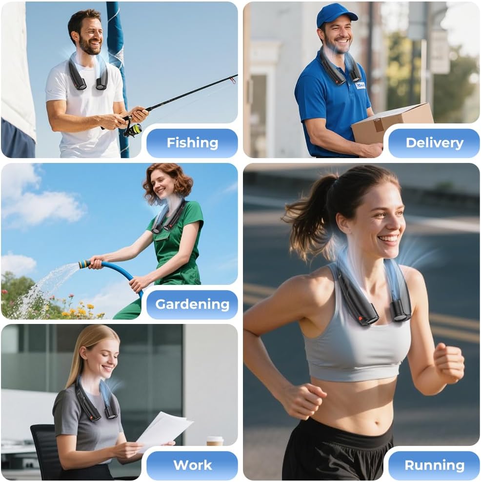 VOSFEEL Outdoor Neck Fan 8000RPM Hurricane Wind, Portable Personal Fan Rechargeable, Proven Battery 20Hrs, 6 Adjustable Cooling Speeds, 360° Airflow, Hands-Free Wearable Fan for Camping Travel, Black