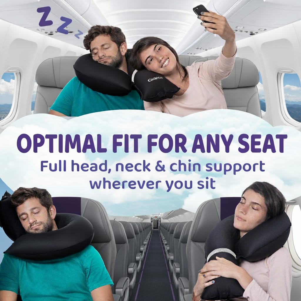 Inflatable Travel Pillow for Airplanes, Cars & Home – Adjustable Neck, Head & Chin Support – 360° J-Shaped Design – Blow Up Travel Pillow for Sleeping on Plane – Compact & Eco-Friendly