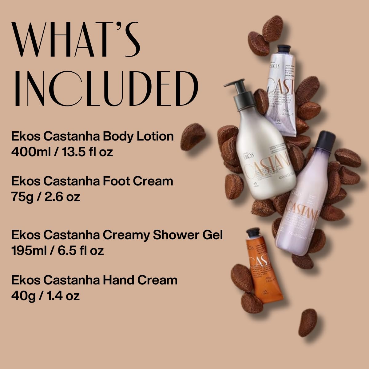 Natura - Ekos Castanha Collection Bio-Beauty Gift Set (4 Products) - Body Lotion, Hand Cream, Foot Cream, Shower Gel - Gift Box - Vegan Skin Care - Brazilian Beauty Secrets - Self Care & Body Care