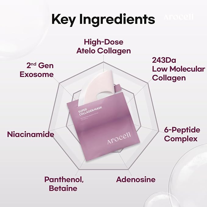 AROCELL Super Collagen Mask 4 Facial Sheet 5,000,000ppb Overnight Dual Matrix Hydrogel Masks with Low Molecular Weight Collagen for Elasticity Hydrating Anti-Aging Cooling Korean Skincare, 43g x 4ea