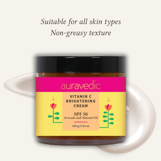 Auravedic Vitamin C Face Cream with SPF 50 for Glowing Skin | Reduces Sun Damage & Revives Dull Skin | Organic Hydration | Argan & Avocado Oil Infused Sunscreen Moisturizer | 3.53 Oz (100g)