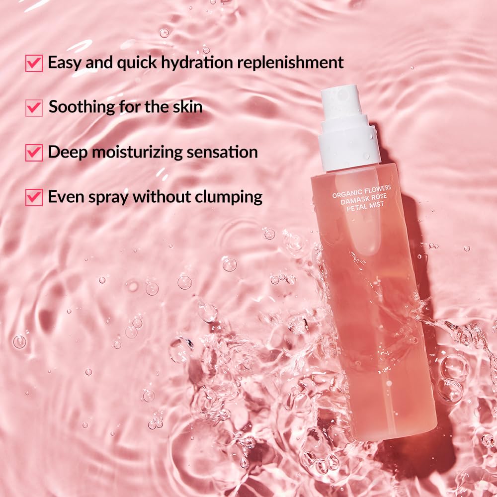 Whamisa Organic Flowers Damask Rose Petal Mist, Facial Mist Spray, Waterless Formula, Fermented Postbiotics, Hydration, Portable (100ml)
