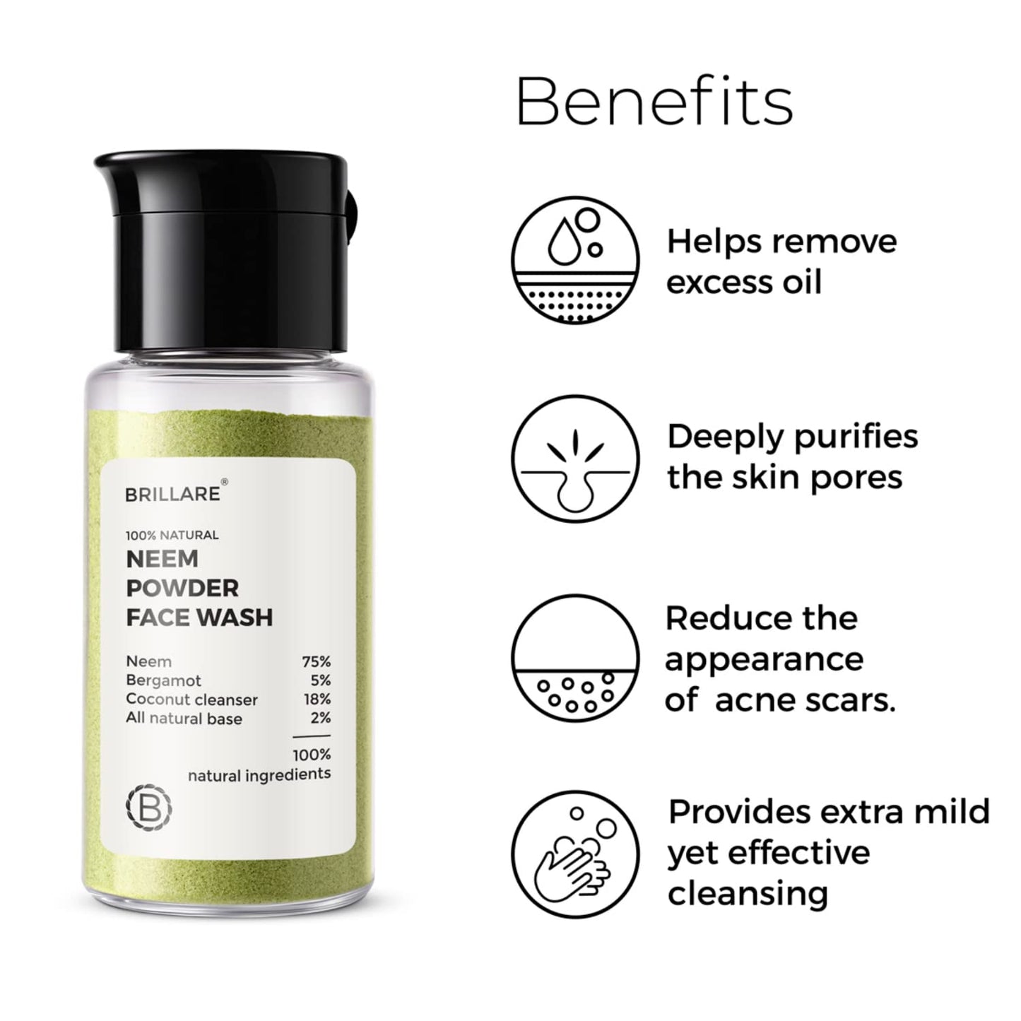 BRILLARE Real Neem Powder Facial Cleanser, Face Wash for Oily Skin, Complete Natural Skincare, for Men & Women, 15g