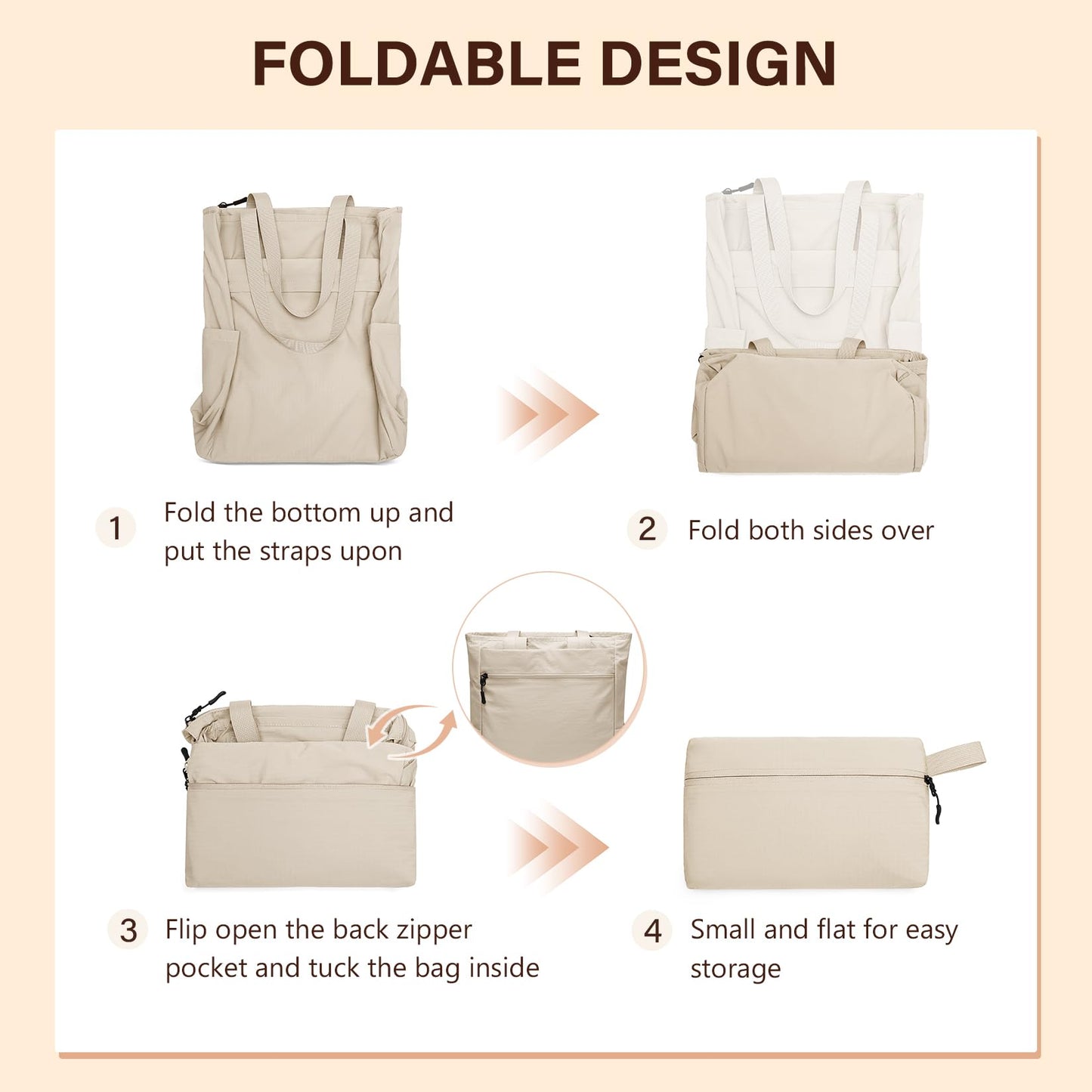 GOLF SUPAGS Foldaway Convertible Tote Backpack Lightweight Nylon Daypack for Women Men City Pack Versatile Backpack for Leisure Travel, Apricot