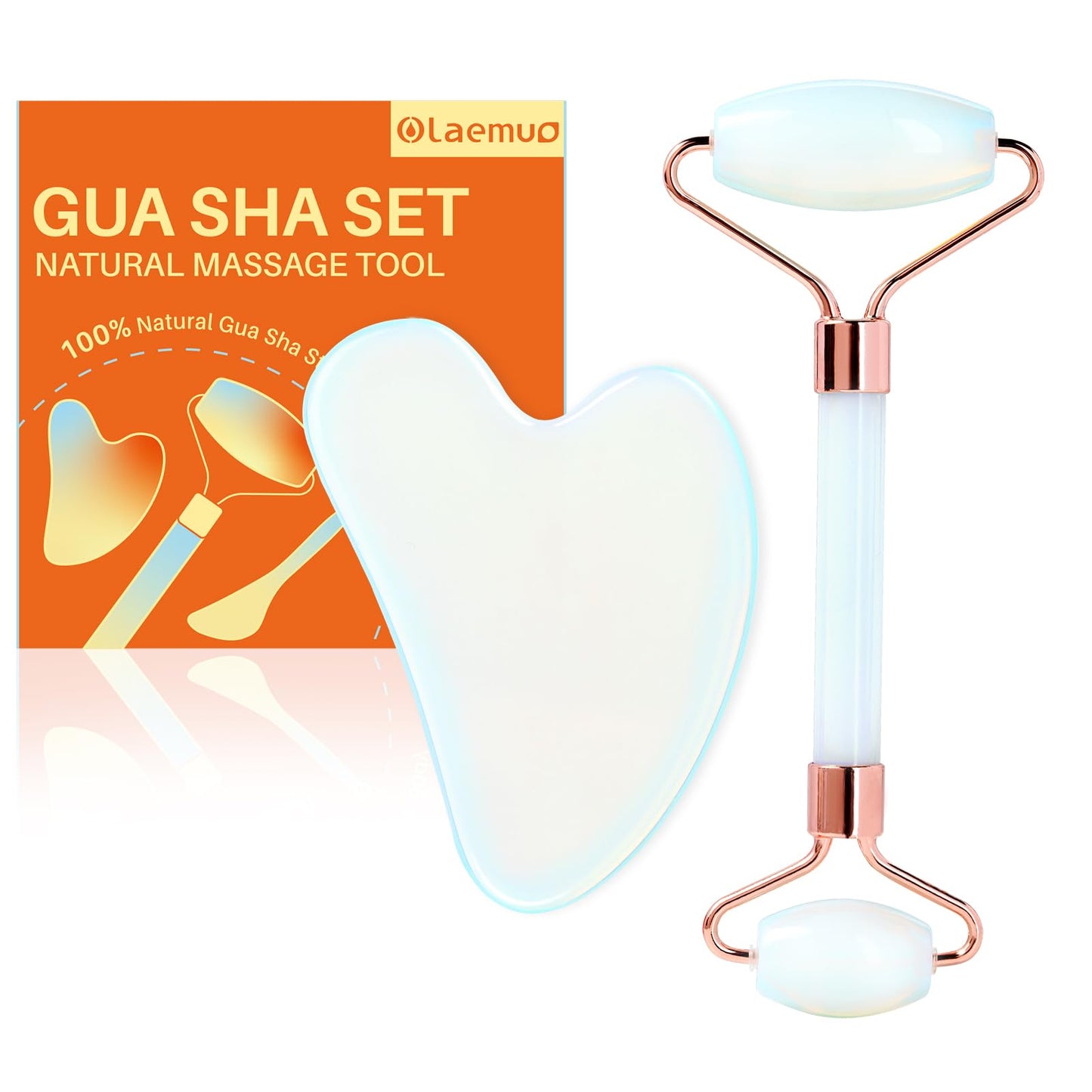 Olaemuo Opal Gua Sha and Face Roller, Real Jade Gua-Sha Stone Facial Tools Set for Reduce Puffiness, Body Guasha Tool for Relieve Neck Tension, SinkCare Beauty Massager as Present for Women,Opal